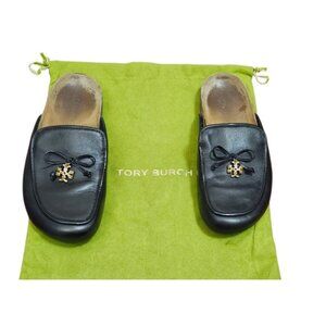 Tory Burch Charm Mules Flat Slip-on Black Genuine Leather Natural Cork US Size 7